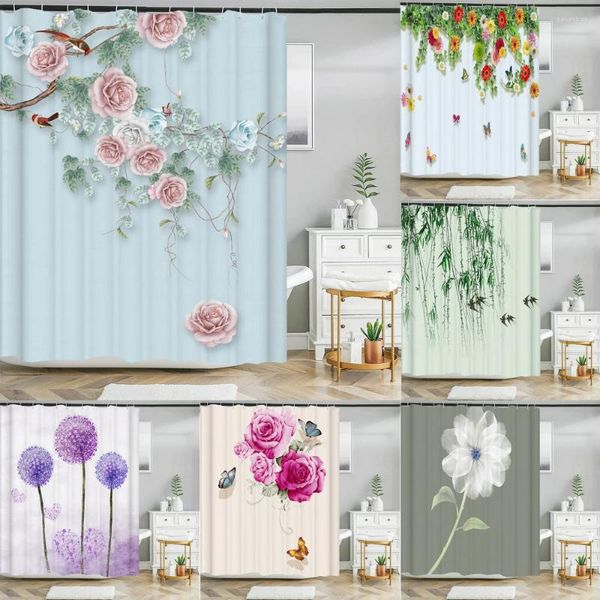 Duschvorhänge, schöne Blumen, Blumenmuster, 3D-Vorhang für Badezimmer, Polyestergewebe, wasserdicht, mit Haken