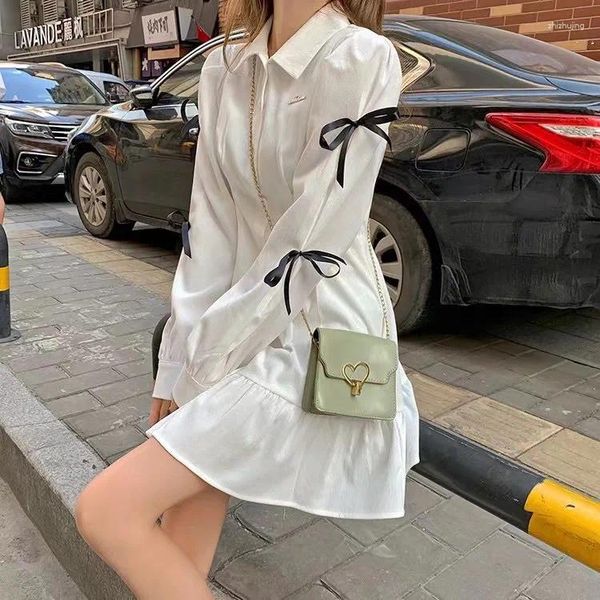 Vestidos casuais moda coreana kawaii mini vestido mulheres branco harajuku mangas compridas roupas de queda streetwear