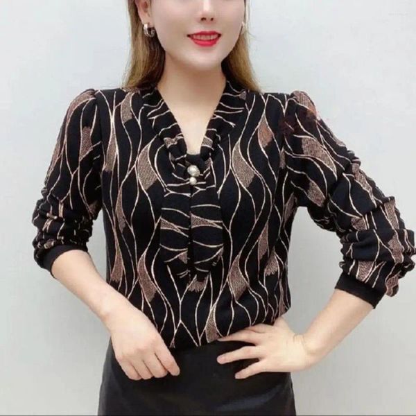 Blusas femininas camisa elegante gravata com decote em v com mangas compridas falso pérola detalhando blusa de ajuste solto na moda mais para moda