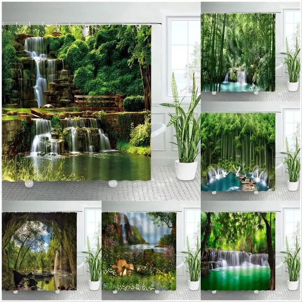 Cachoeira cortinas do banheiro primavera floresta parque cortina de chuveiro verde bambu natureza paisagem à prova dwaterproof água tecido casa banheira decoração 240328