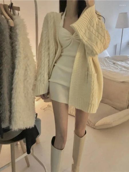 Abiti da lavoro dolce pigro abito con collo appeso cardigan set da due pezzi donna coreano delicato morbido glutinoso solido lavorato a maglia sottile abito invernale caldo