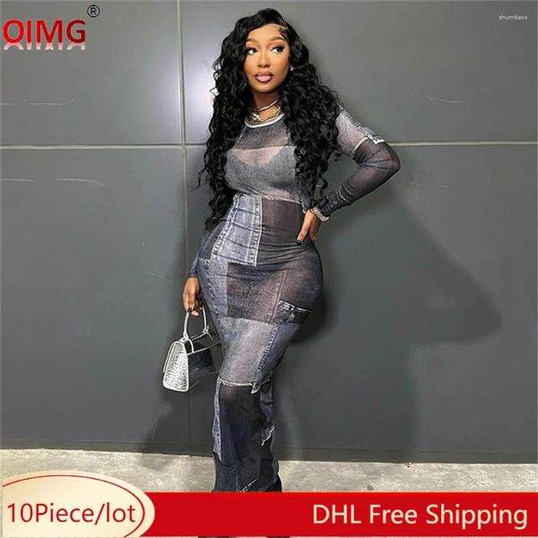 Casual Dresses 10 Großhandel Maxi Frauen Langarm Bodycon Kleid 2024 Frühling Sexy Gedruckt Sheer Y2k Party Wear Bulk Kleidung 10659