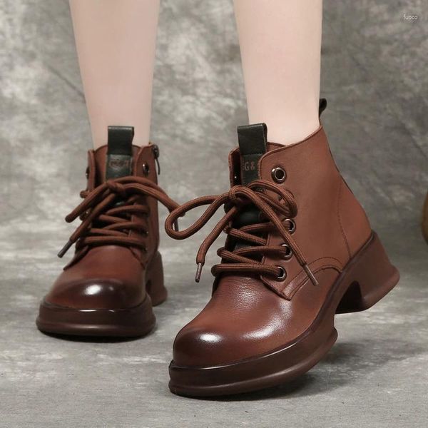 Сапоги 2024, весенне-осенние одиночные туфли с круглой головкой, повседневные короткие модные кожаные женские корейские ботинки с толстыми подошвами