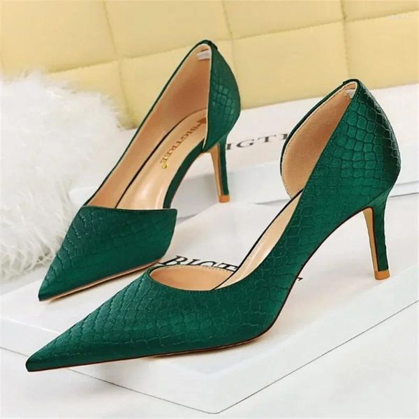 Elbise ayakkabıları kadın 7.5cm 10.5cm yüksekte topuklu pompalar bayan artı boyutta ipek saten yeşil gümüş düğün stiletto düşük fetiş parti