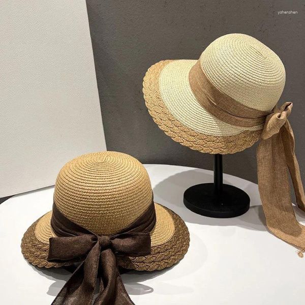 Berets grande laço de seda arco palha chapéu verão mulheres aba larga floppy panamá senhora viagem ao ar livre praia sol proteção boné