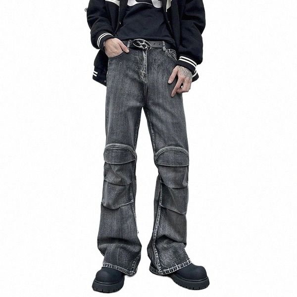 Luzhen 2024 American Street Style Stylish Jeans Fold Splicing Design Bell-bottoms Masculino Trendy Slim Fit Calças Jeans Casuais LZ1824 F6iZ #