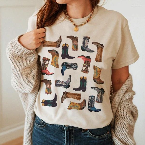 Kadın Tişörtleri Kovboy Botları Batı Ülke Tişörtleri Kadınlar Vintage Rodeo Grafik Kova Kız Hippi Boho Estetik Tees Sevimli Bayanlar