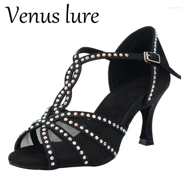 Scarpe eleganti con tacco personalizzato Sandali da ballo latino donna con strass neri 7,5 cm