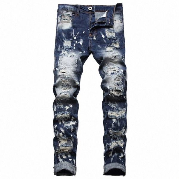 Primavera New Ragged-Rag Jeans fi Slim Blue Calças 2022 Hip Hop Motocicleta Estilo Mendigo Calças Casual Streetwear E40e #