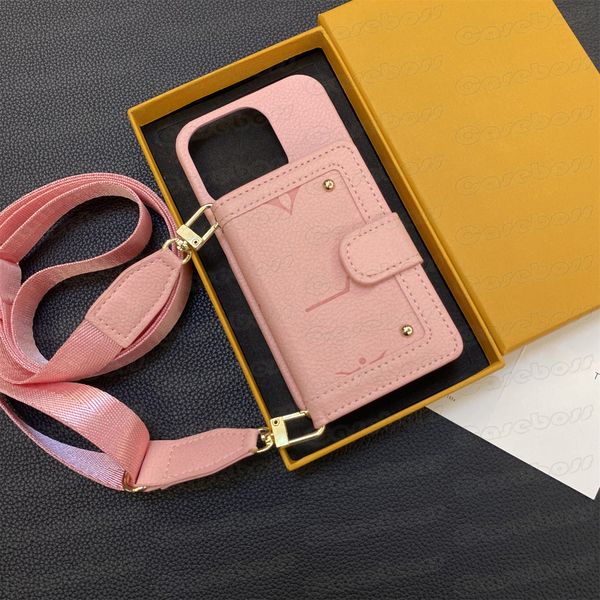 Caseboss Fashion Designer Phone Case para iPhone 15 14 13 12 Pro Max 11 X Xs Xr 8 7 Plus Vogue Card Pocket Carta em relevo capa de flor com alça de ombro