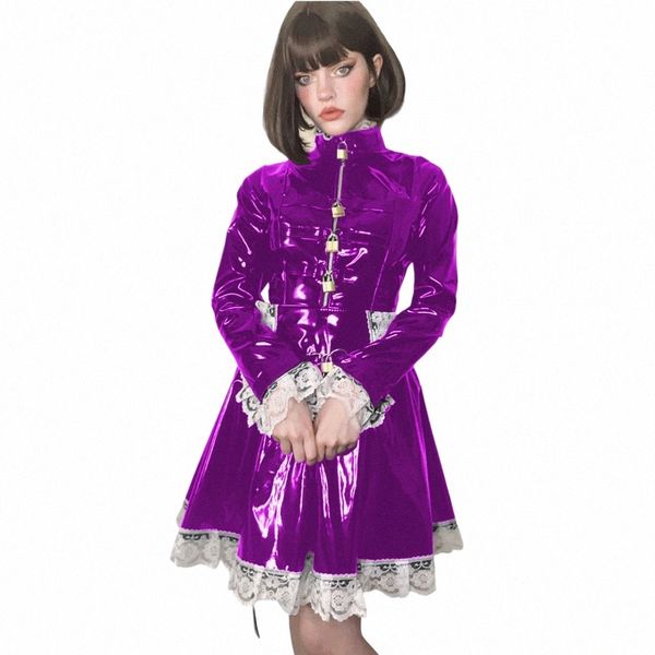 con serratura Lolita lucido in pelle PVC pizzo manica Lg pieghettata A-line Mini Dr con uniformi servo Apr Cosplay costumi da cameriera M1p9 #