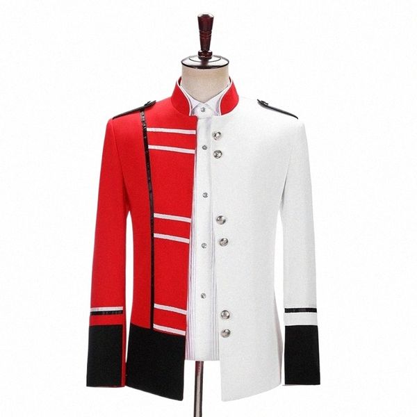 Masculino vermelho branco gola blazers tribunal dr cantor uniforme militar palco traje bar masculino anfitrião desempenho casaco fino 27Oy #