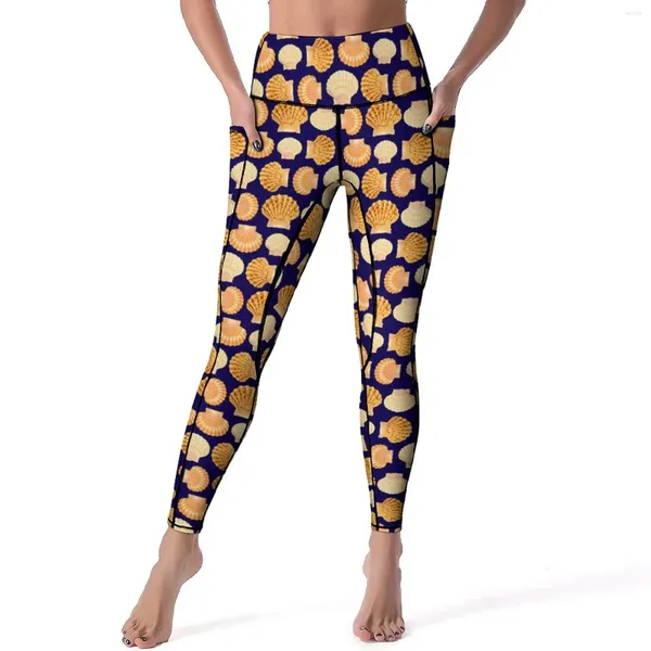 Leggings da donna Conchiglie di capesante Stampa animalier sexy Pantaloni da yoga fitness Collant sportivi elasticizzati a vita alta con tasche Leggins dal design divertente