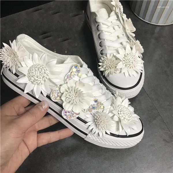 Sapatos casuais feitos à mão flor branca lona para mulheres strass estudantes senhora tênis planos tamanho 35-44