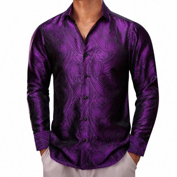 Camisas de seda de luxo para homens manga LG roxo Paisley Slim Fit blusas masculinas casuais tops formais respirável Barry Wang E49r #