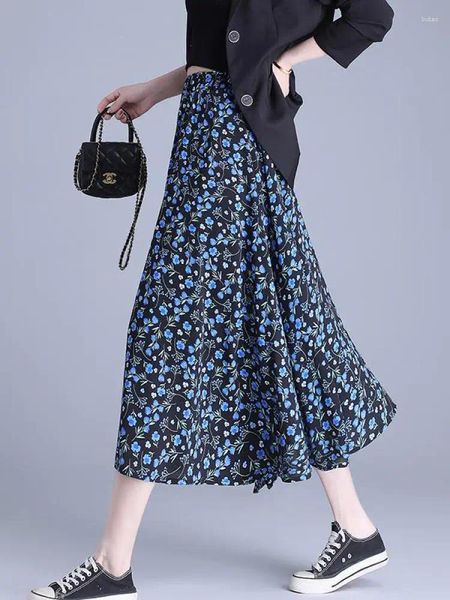Saias vintage preto flor impressão a linha boêmio 2024 primavera verão feminino azul elegante elástico cintura alta midi saia