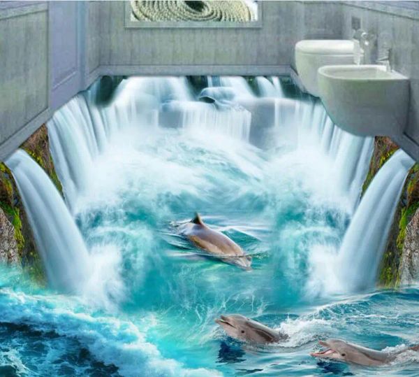 Adesivos frete grátis 3d personalizado adesivo de parede dophins em enorme waterall piso pintura foto papel de parede para paredes decoração casa mural post