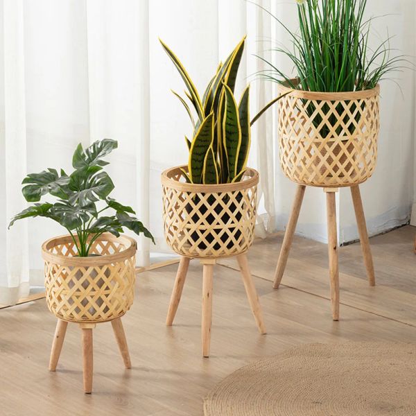 Fioriere Vaso da fiori intrecciato in bambù fatto a mano con supporto per piante espositore per fiori Supporto per riporre vasi per vivai fai-da-te Decorazione per la casa
