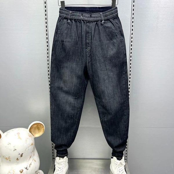 Мужские брюки, одежда, весна-осень 2024, эластичные джинсы, повседневные черные универсальные корейские харланы с эластичной резинкой на талии, мешковатые брюки