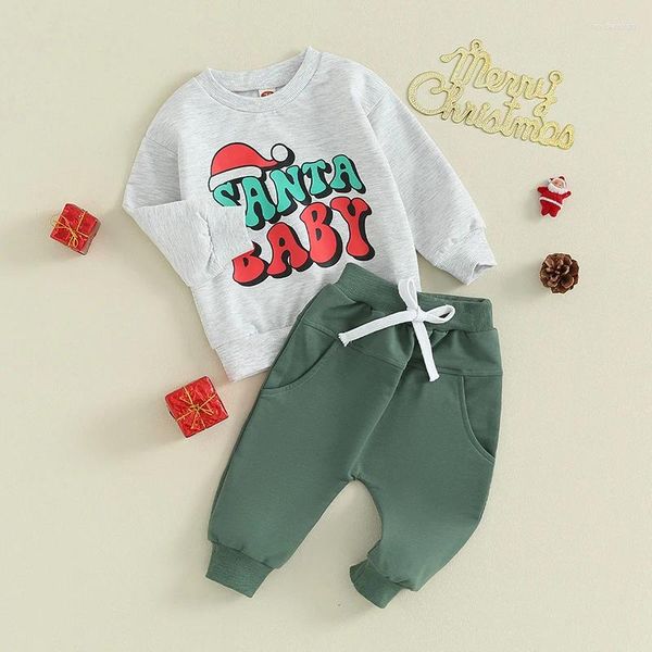 Комплекты одежды для маленьких мальчиков и девочек, осенне-зимняя одежда, толстовка с длинными рукавами и буквенным принтом, комплект штанов для бега, комплект из 2 предметов, рождественский наряд для малышей