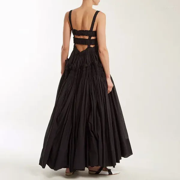 Lässige Kleider im französischen Stil, elegantes Vintage-langes Kleid für Frauen, Sommer, Urlaub, Party, Abschlussball, sexy, rückenfrei, plissiert, Neckholder, Schwarz, Weiß, Swing