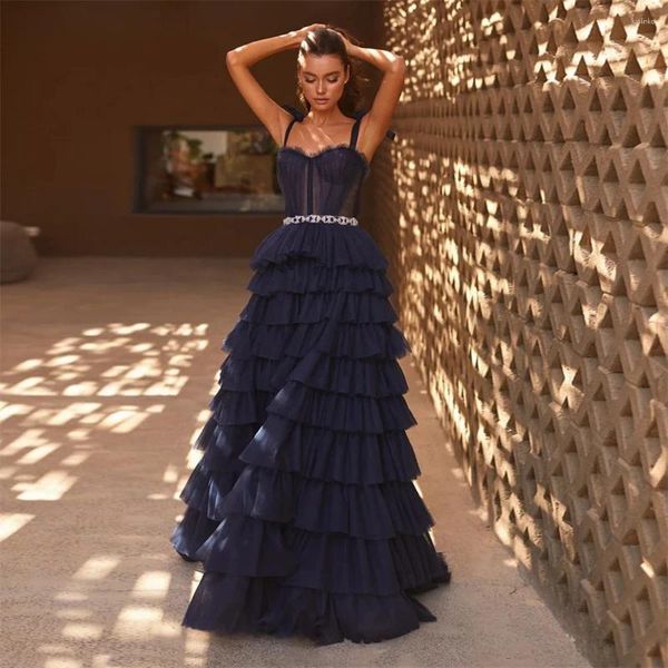 Vestidos de festa elegante azul escuro longo noite para mulheres tule cinta de espaguete querida strass cinto formal vestidos de baile de baile