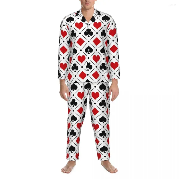 Casa roupas coração poker pijamas outono vermelho preto xadrez casual oversize conjuntos de pijama masculino manga longa adorável quarto gráfico nightwear