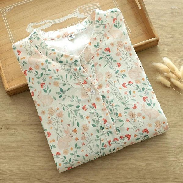 Camicette da donna Primavera Autunno Donna Camicia con stampa cartoon Doppio colletto in cotone con maniche lunghe Camicetta femminile casual Top K108