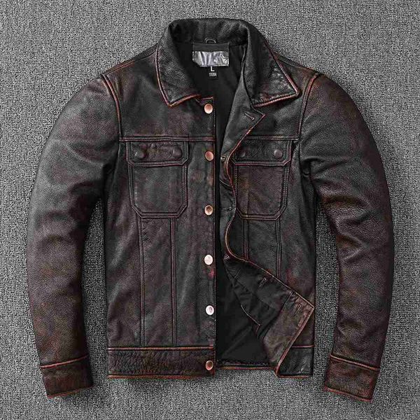 Couro masculino falso couro novo vintage marrom workwear estilo cowboy jaqueta de couro genuíno natural casaco de pedra masculino moinho de pedra roupas de estilo antigo 240330