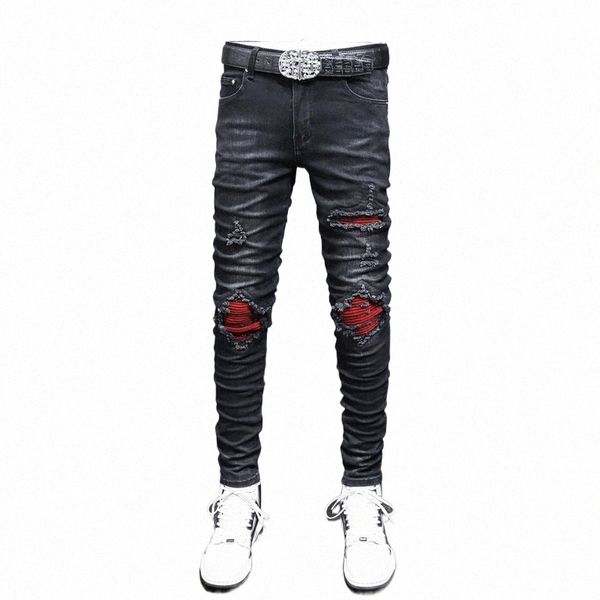 High Street Fi Homens Jeans Retro Preto Cinza Stretch Skinny Fit Rasgado Jeans Homens Red Patched Designer Hip Hop Marca Calças t2wY #