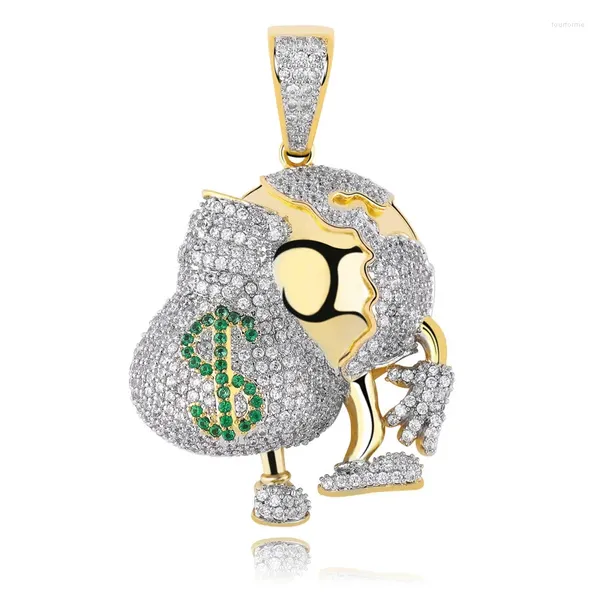 Pingente colares hip hop zircônia cúbica pavimentada bling gelado dólar saco de dinheiro personagem dos desenhos animados pingentes colar para homens rapper