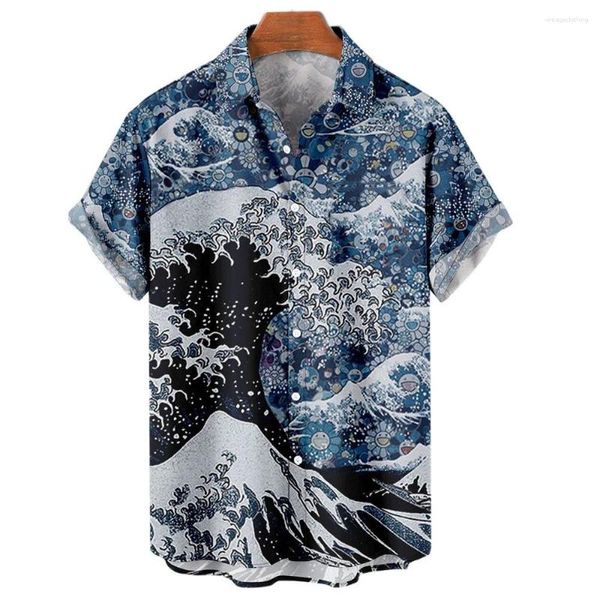 Camisas casuais masculinas havaianas 3D impressas mangas curtas lapela estilo praia tops top ondas retrô importadas-roupas moda