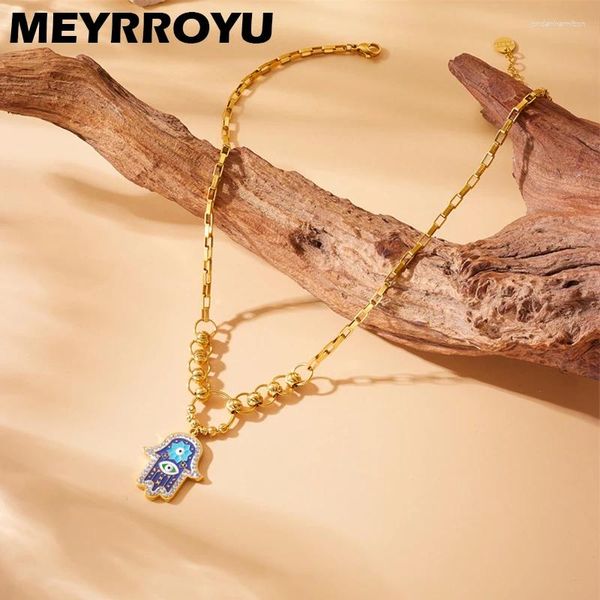 Colares Pingente Meyrroyu Hamsa Mão Azul Escuro Esmalte Colar Moda Zircon Inlay Lucky Neck Chain Jóias Acessórios para Mulheres