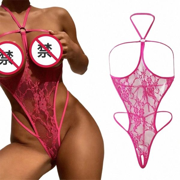 Hot Pink G-String BodysuitSkimpy Strappy Sheer Lace Open Chest Bodysuit para o Dia dos Namorados Mulheres Sexy LingerieUnderwear e0uh #