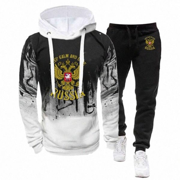 Rusya Rozeti Altın Kartal Baskı 2 PCS Suit Bahar Sonbahar Erkekler Sweatshirt Seti SPL Mürekkep Hoodies+Takip Pantolon Fitn Sports Giyim X1I0#