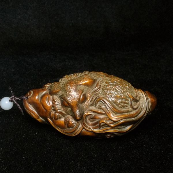 Esculturas antigas chinesas de buxo esculpidas à mão animal raposa figura estátua netsuke decoração presente coleção comprimento 7.8 cm