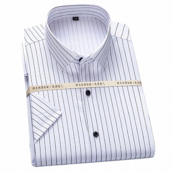 Camicia da uomo estiva a maniche corte elasticizzata a righe Dr. Camicia standard-fit formale Busin antirughe sottile classica camicia di base T9Oy #