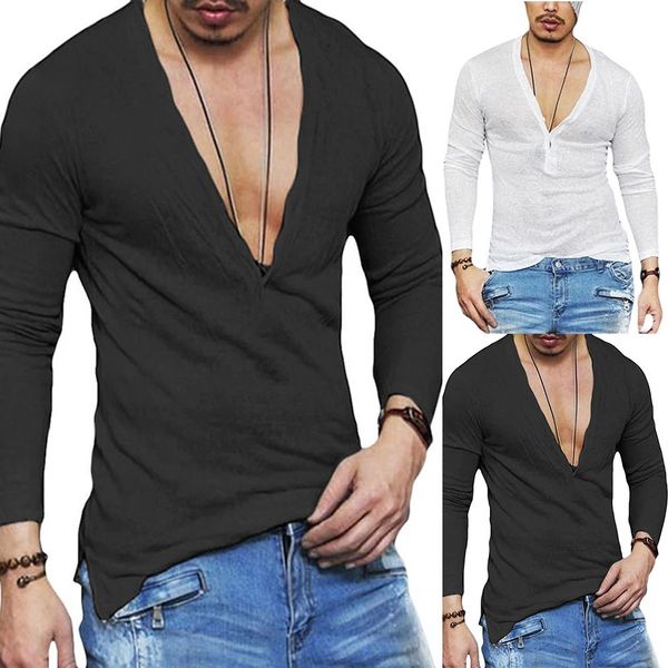 Mens Plain Slim Fitness Manga Longa T-shirt Profundo Decote Em V Botão Tops Muscle Tee Blusa Ver Através Camisas Masculino Casual Tees Tops 240320