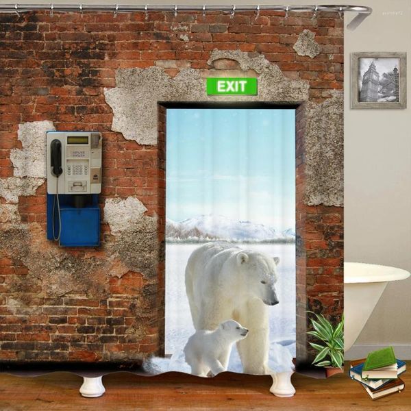 Chuveiro Cortinas 3D Urso Polar Engraçado Animal Impresso Cortina Retro Parede de Tijolo Banheiro À Prova D 'Água Poliéster Banho Decoração de Casa