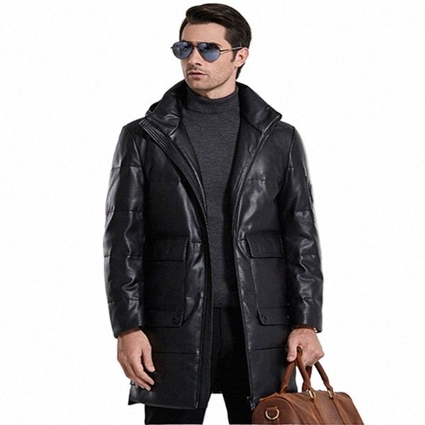 Winter Faux Leder Herren Daunenjacke mit Kapuze Lg Sleeve Cardigan Reißverschlusstaschen Schwarz Solide Dicke Vogue Casual Daunenjacke W2Fo #