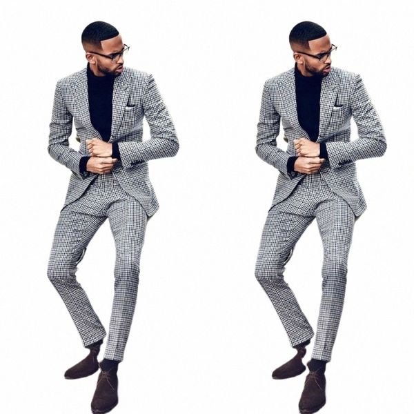 Xadrez Men's Suit 2 Pieces Blazer Pants One Butt Peaked Lapel Slim Jacket Cubes Fi Tuxedo Busin Modern Wedding Groom x74Y #