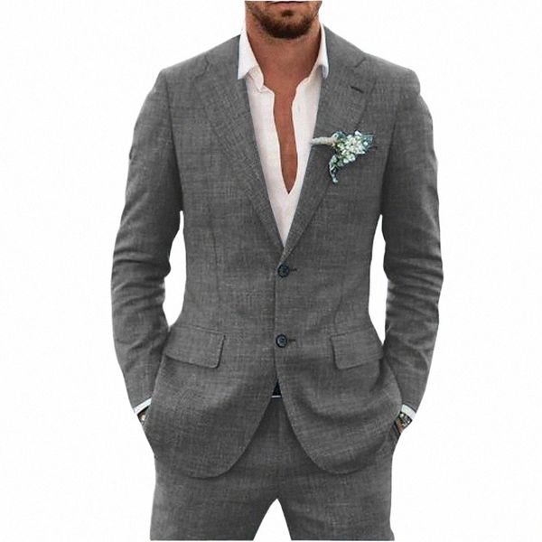 fiammato Cott lino tessuto da completo da uomo completo vestito da uomo bavero colletto monopetto 2 pezzi set uomo elegante abiti giacca sportiva di alta qualità b16P #