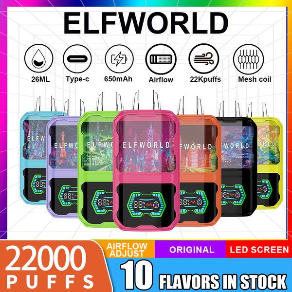 Original ElfWorld Puff 22K Puffs Einweg -Vape -Zigarette Elf World VAPER Elektronische Zigarettenstange Vollbild 26 ml Flüssige Luftstrom 650 mAh Akku Aufladen