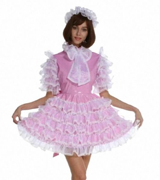 maiden May Pink Sissy Maid PVC Lace Bow Mid Neck Cake Gonna con serratura Dr Custom 72SN #