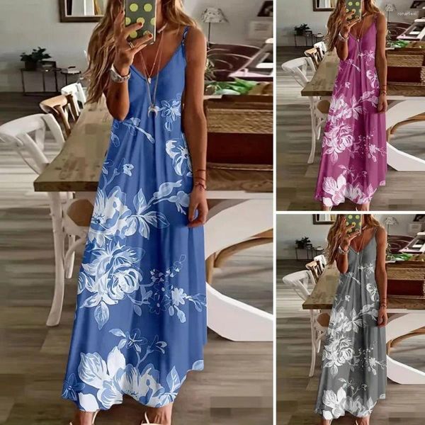 Abiti casual Abito estivo Stile bohémien Stampa floreale Maxi per le donne Vacanza al mare Prendisole con scollo a V Design con spalline Vestibilità ampia