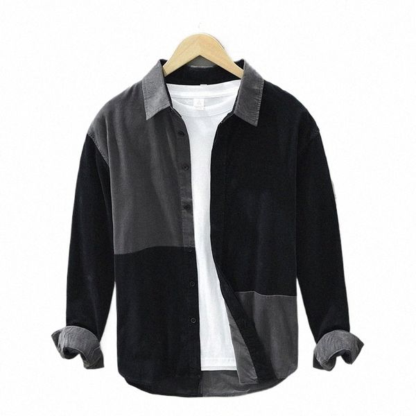 1339 Camicie di velluto a coste da uomo di alta qualità Colore allentato Patchwork Risvolto Casual Classico Vintage Stile giapponese Fi Abbigliamento urbano Top O4tZ #