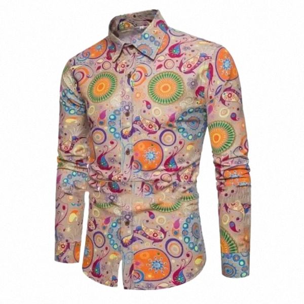 fi Paisley-Blumendruck-Männerhemden Vintage-Stil Revers Butt-Up LG-Ärmeloberteile Hip Hop Männer / Frauen Casual Party Clubwear 25mA #