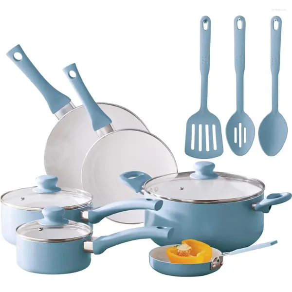 Conjuntos de panelas Mainstays 12pc Conjunto de cerâmica Panelas antiaderentes de linho azul para cozinhar cozinha e panelas