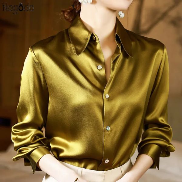 Marke Qualität Luxus Frauen Satin Hemd Elegante und Jugendliche Frau Blusen Büro Damen Weiß Langarm Shirts Seide Tops 240315