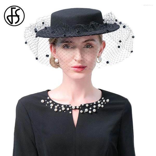 Berets FS Feminino Vintage Preto Britânico Chapéus para Mulheres com Véu Elegante Formal Cap Senhoras Cocktail Tea Party Millinery 2024